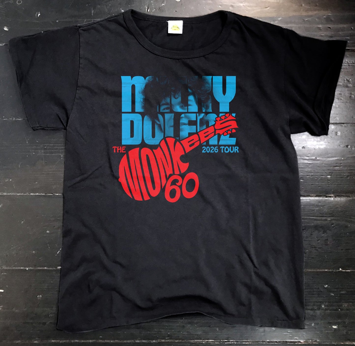 T-Shirt "Monkees 60th Anniversary" Short Sleeve T-shirt - Choose between Black/Blue or Black/Yellow (Gift tag comes personalized to recipient and signed by Micky)